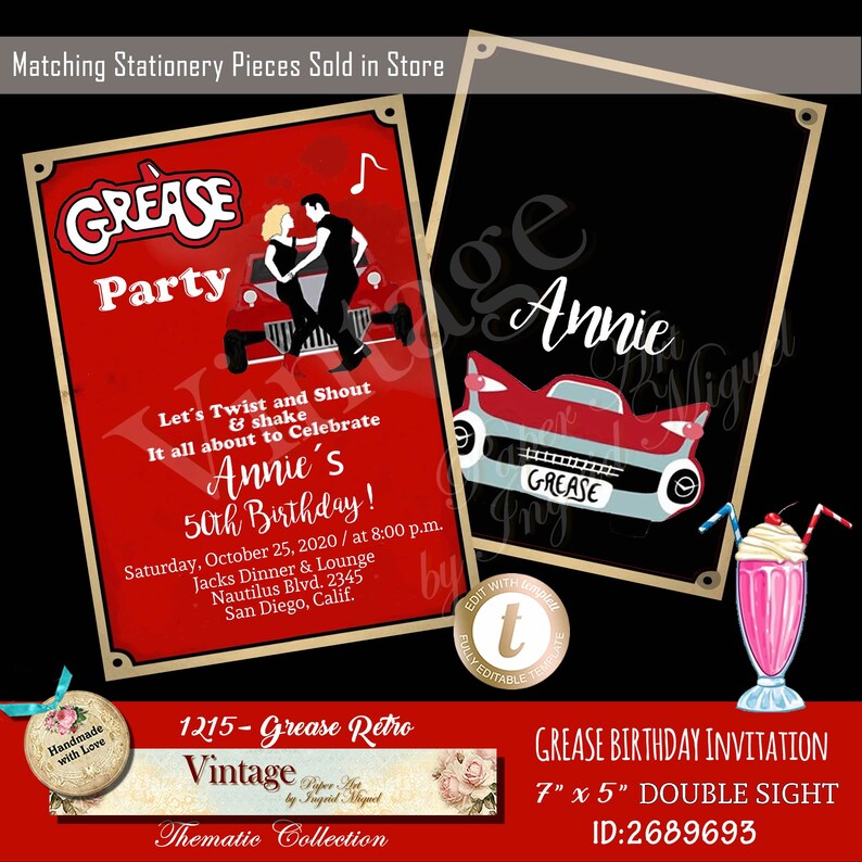 Grease Birthday Ticket Invitation Retro, Party Ticket Cards, Digital