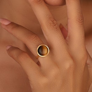 Dainty Women Large Tiger Eye Ring, Trendy Big Yellow Tiger Eye Ring, Chic Bezel Set Ring, Cute Everyday Ring, Beautiful Large Stone Ring