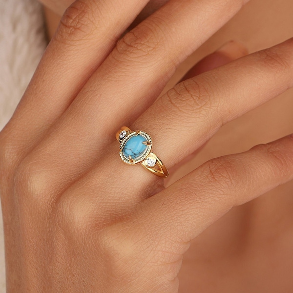 Dainyt Turquoise Band Ring, Oval Turquoise Ring, Delicate Turquoise Gold Ring, Blue Turquoise Ring, December Birthstone, Everyday Ring, Gift