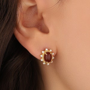 Women Elegant Carnelian Stud Earring, Dainty Unique Handmade Earring, Raw Stone Initial 14K Gold Earrings, Delicate Novelty Jewelry Earrings