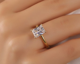 Emerald Cut Moissanite Ring 14K Solid Gold Engagement Ring, 18K Solid Gold Radiant Solitaire Ring, Dainty Promise Delicate Ring Gift For Her