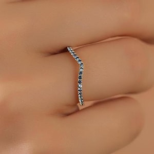 Blue Topaz Ring Dainty Gold Half Eternity Chevron Ring, Handmade Blue Topaz Ring, Statement Birthstone Ring Stackable Ring Matching Rings