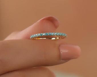 Dainty Eternity Stackable Gold Turquoise Ring, Custom Minimalist 14K Gold Ring, Personalized Birthstone Band, Modern Gold Stacking Ring Gift