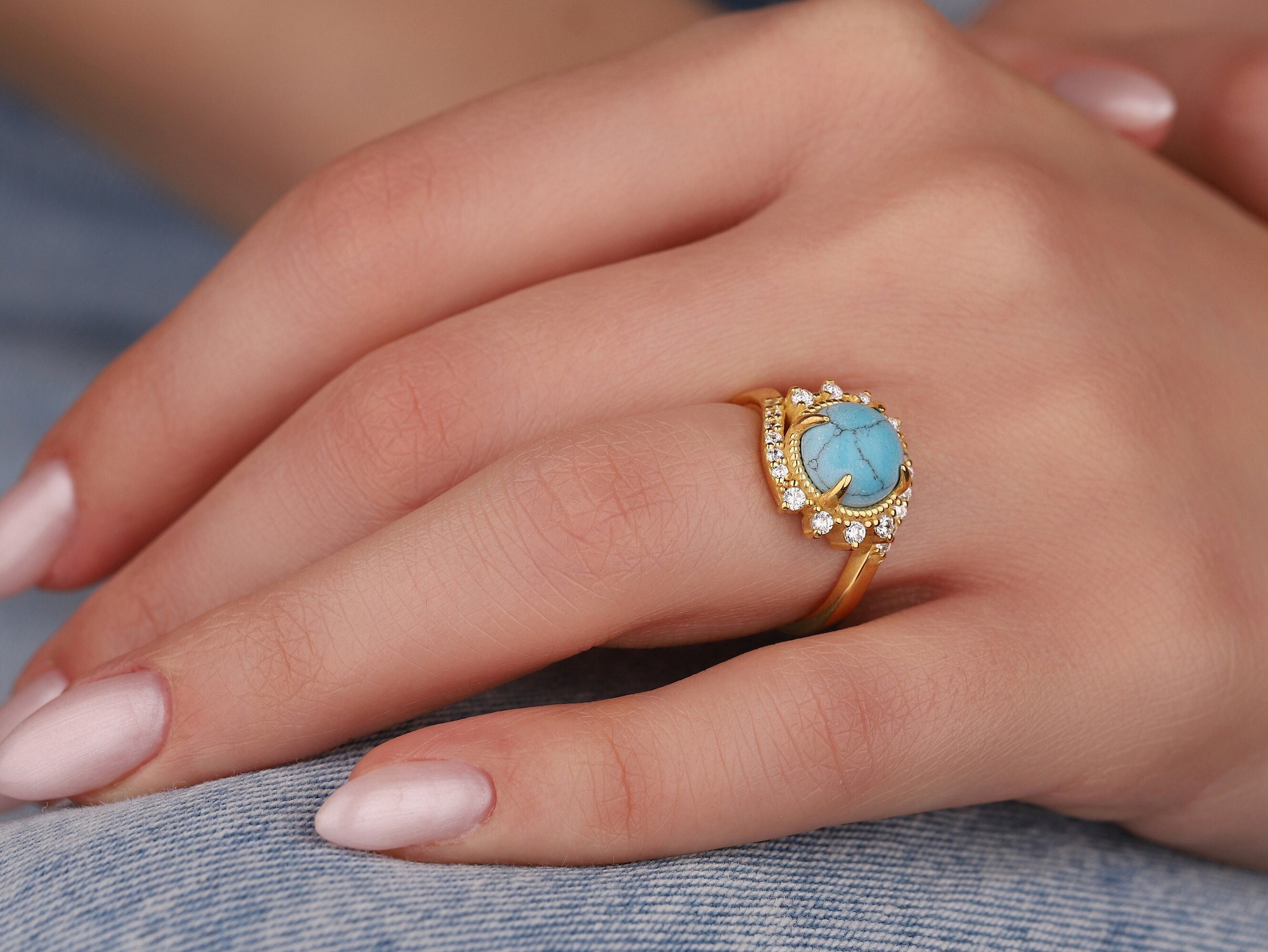 Delicate Turquoise Stone Yellow Gold Ring, Dainty Turquoise 14K Real Gold Ring, Unique Rose Gold Ring December Birthstone Everyday Ring