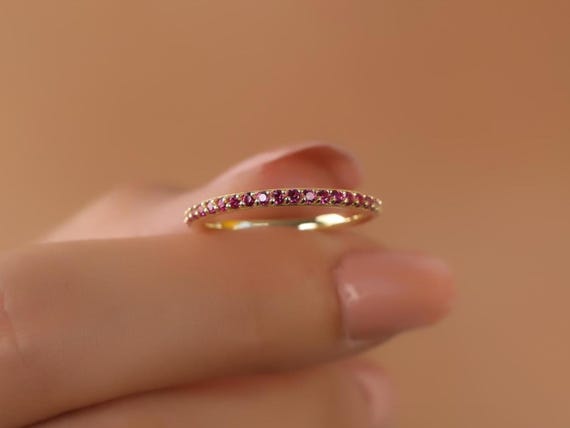 Ruby Ring 14K Gold Full Eternity Ring, Dainty Ruby Stone Stackable Ring, Minimalist Birthstone Ring Statement Ring, Custom Stacking Ring