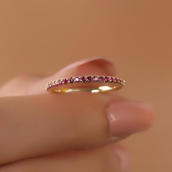 Ruby Ring 14K Gold Full Eternity Ring, Dainty Ruby Stone Stackable Ring, Minimalist Birthstone Ring Statement Ring, Custom Stacking Ring