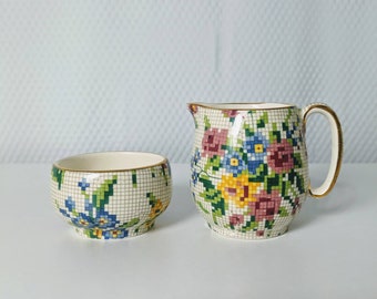 Royal Winton Queen Anne Countess Creamer & Open Sugar 1936 Grimwades Chintz Floral Cross-stitch England  Porcelain Rare!