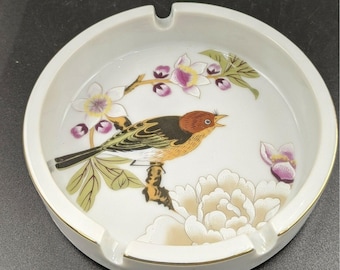 Porcelain Ashtray Shafford Japan Bird Floral &quot;Chinese Garden&quot; Gold Trim Vintage