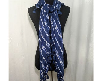 Scarf Shawl Blue & White Stripes Batik Tassel Edge Hollister 53"x43"