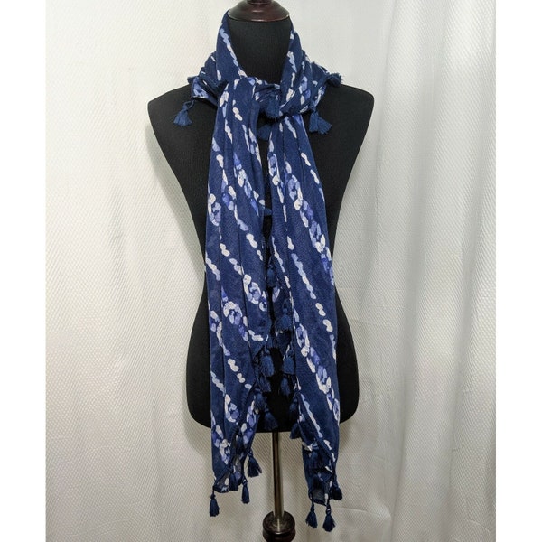 Scarf Shawl Blue & White Stripes Batik Tassel Edge Hollister 53"x43"