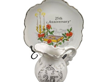 25th Wedding Anniversary Decorative Gift Plate and Pitcher Porcelain