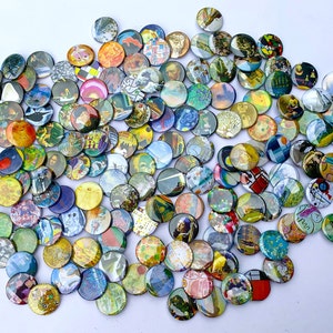 May include: A collection of over 100 round, colorful buttons featuring famous paintings. The buttons are arranged in a loose, organic pattern, creating a visually appealing display.