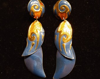 Vintage Signed Edgar Berebi in INDIGO PURPLE /& GOLD Enamel Pierced Dangle Drop Earrings