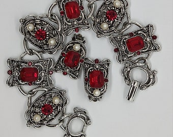 Vintage Ruby Red Emerald and Diamond Cut Cabochons  with Faux Pearl Accent in Intricate Silver Links Bracelet and Earrings Art Deco