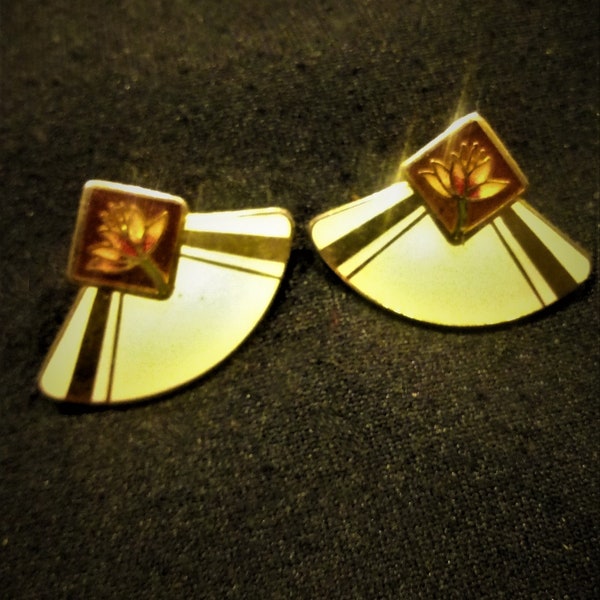 Vintage Signed Lotus Flower in Enamel and Gold Tone Laurel Burch Open Fan Earrings/  Free Shipping