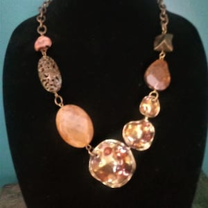 MODERNIST BRUTALIST Vintage Sculptural Bronze and Gold Tone Metal with Polished Faux Stone Statement Necklace