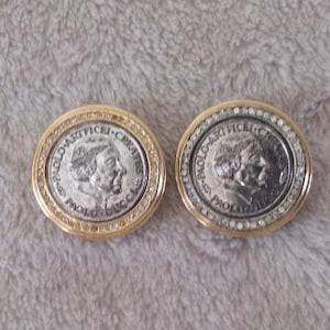 Vintage Massive PAOLO GUCCI Rare COIN &quot;Artficei Creatus&quot; with Pave&#39; Crystals in Gold and Silver Clip On Earrings Designer Runway Couture