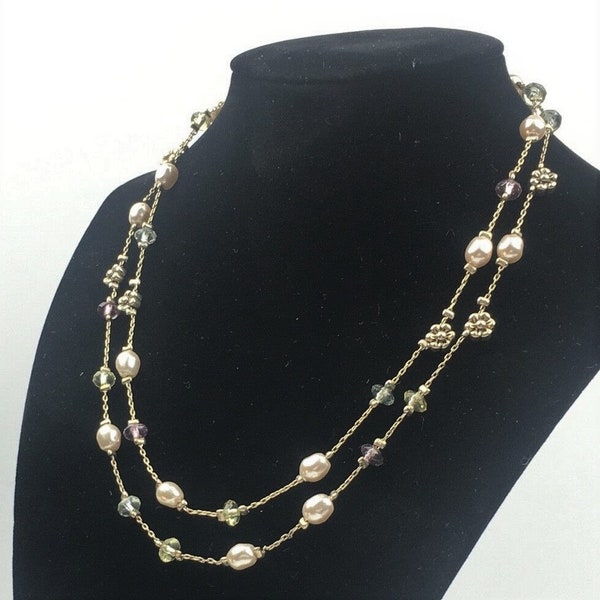 Premier Designed Crown Madeline Two Layer Gold Tone Faux Pearls Crystals Flower Necklace Necklace measures 16.25" with a 2" extension chain