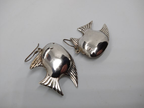 Vintage Silver Tone Fish Dangle Drop Earrings - image 2