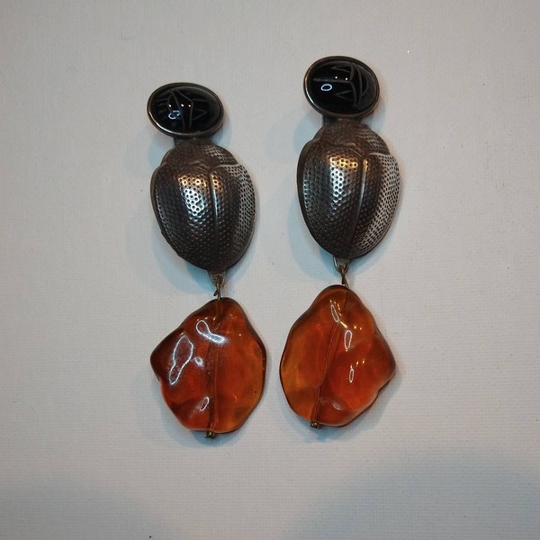Dramatic Oversized EGYPTIAN REVIVAL SCARAB 1980's Haute Couture Signed Kate Hines Etched Faux Onyx & Lucite Amber Dangle Drop Earrings
