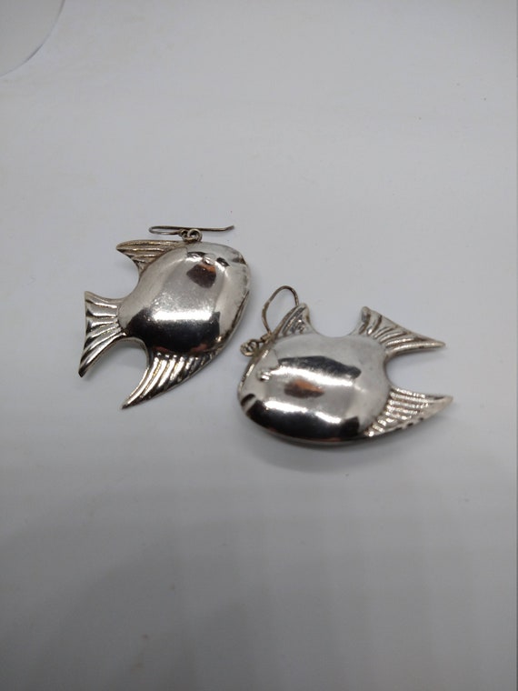 Vintage Silver Tone Fish Dangle Drop Earrings - image 1