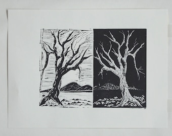 Original Black and White Tree Linocut Print, Fine Art Woodland Landscape Block Print