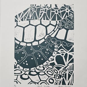 Lino Print Desert Tortoise Shell, Teal, Linocut, Southwest Wildlife Art, Handmade Block Print Reptile