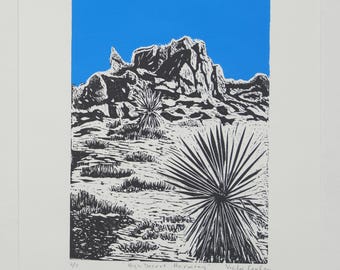 Joshua Tree Lino Print Southwest Desert Landscape Yucca Block Print Hand Printed Artwork