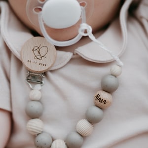 Pacifier chain with name / heart / silicone and wooden beads / gift for birth / personalized pacifier strap / baby shower / engraved clip
