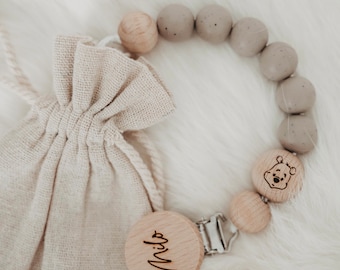 Personalized Pacifier Chain with Name / Wonder / Silicone and Wooden Beads / Baby Shower Gift / Personalized Pacifier Strap / Baby Shower / Engraved Clip