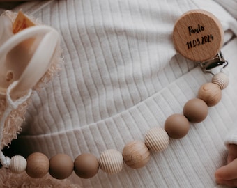 Personalized Pacifier Chain with Name / Wonder / Silicone and Wooden Beads / Baby Shower Gift / Personalized Pacifier Strap / Baby Shower / Engraved Clip