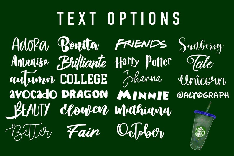 Puede incluir: Un fondo verde con texto blanco que enumera varios nombres y palabras, incluyendo "Adora", "Bonita", "FRIENDS", "Sunberry", "Amanise", "Brilliante", "Harry Potter", "Tale", "autumn", "COLLEGE", "Johanna", "unicorn", "avocado", "DRAGON", "MINNIE", "@WALTOGRAPH", "BEAUTY", "clowen", "Mithiana", "Better", "Fain" y "October".