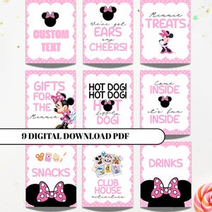 Op de afbeelding: Negen roze digitale download PDF-kaarten met een Minnie Mouse-thema. Elke kaart heeft een witte rand en zinnen als "Aangepaste tekst", "Snoepjes" en "Snacks". Minnie Mouse-afbeeldingen en stippen strikken zijn inbegrepen.