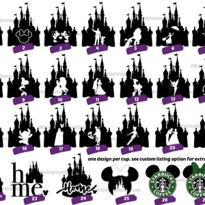 Puede incluir: Un conjunto de 27 dise&ntilde;os de silueta en blanco y negro que representan el castillo de Disney con varios personajes en su interior. Los dise&ntilde;os est&aacute;n numerados del 1 al 27. El texto "one design per cup. see custom listing option for extra design" est&aacute; en la parte inferior de la imagen.