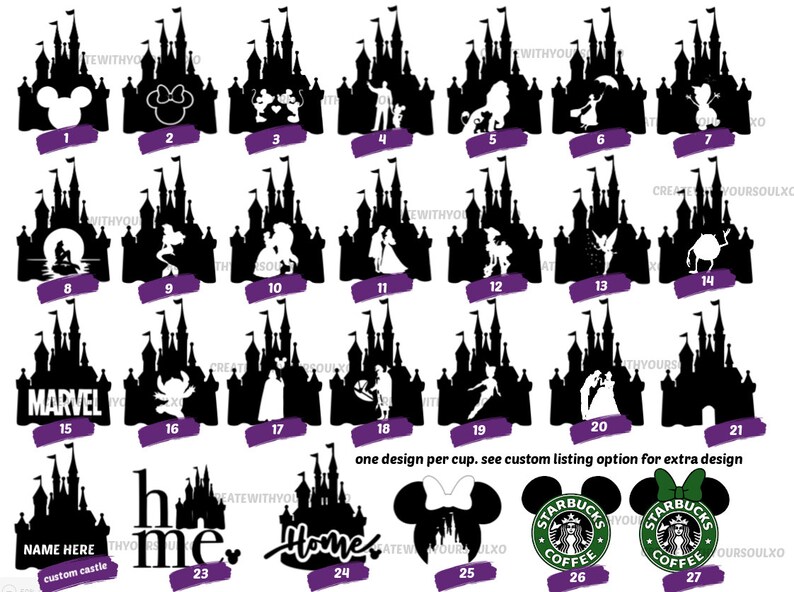 Puede incluir: Un conjunto de 27 dise&ntilde;os de silueta en blanco y negro que representan el castillo de Disney con varios personajes en su interior. Los dise&ntilde;os est&aacute;n numerados del 1 al 27. El texto "one design per cup. see custom listing option for extra design" est&aacute; en la parte inferior de la imagen.
