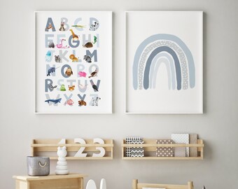 Baby Blue alphabet print, Animal alphabet print,  Nursery decor, Nursery wall art, kids room decor, Alphabet art print, modern kids art