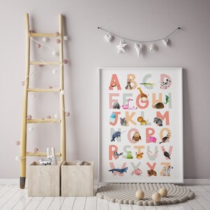 Decoración de guardería, impresión del alfabeto animal, arte de pared para niños, póster del alfabeto, decoración de pared de guardería, arte de guardería animal, decoración de habitación de bebé, arte de pared de guardería