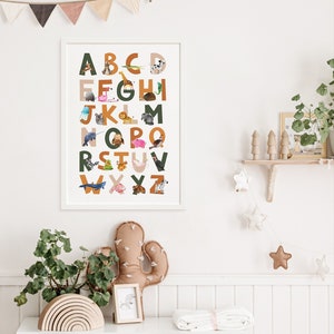 Impressão de alfabeto verde, Impressão de alfabeto de animais, Decoração de berçário, Arte de parede de berçário, Decoração de quarto infantil, Impressão de arte do alfabeto, Impressão de letras do alfabeto