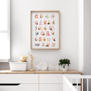 Estampa de alfabeto animal pastel, Estampas de animais para quarto de bebê, Arte de parede para quarto infantil, Decoração de parede para quarto infantil, Arte de parede para quarto de bebê para menina, Decoração para quarto de bebê