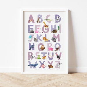 Impresión del alfabeto lila, Impresión del alfabeto animal, Decoración de guardería, Arte de pared de guardería, Decoración de habitación infantil, Impresión de arte del alfabeto, Impresión de letras del alfabeto