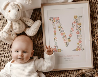 Floral Initial Nursery Art: Personalized Baby Girl Name Print