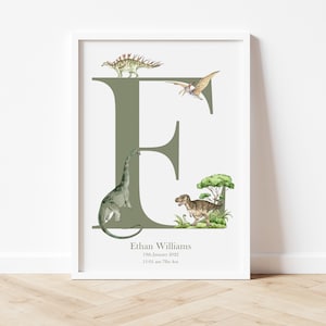 Impresión personalizada con nombre inicial de dinosaurio / Impresión para habitación infantil / Decoración de habitación infantil con dinosaurios / Arte mural para habitación infantil con dinosaurios / Decoración de pared para dormitorio infantil