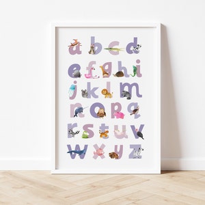 Impresión del alfabeto lila, Impresión del alfabeto animal, Decoración de guardería, Arte de pared de guardería, Decoración de habitación infantil, Impresión de arte del alfabeto, Impresión de letras del alfabeto