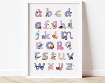 Lilac alphabet print, Animal alphabet print,  Nursery decor, Nursery wall art, kids room decor, Alphabet art print, Alphabet letter print