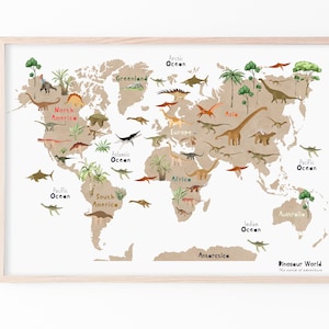 Illustrierte Dinosaurier Weltkarte, Spielzimmer Weltkarte Druck, Kinderzimmer Dekor, Spielzimmer Dekor, Tier Karte