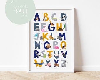 UK only, SECONDS SALE, Navy alphabet print, Animal alphabet print,  Nursery decor, Nursery wall art, kids room decor