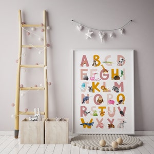 Estampa de alfabeto blush, Estampa de alfabeto de animais, Decoração de berçário, Arte de parede de berçário, Decoração de quarto infantil, Estampa de arte do alfabeto, Estampa de letras do alfabeto