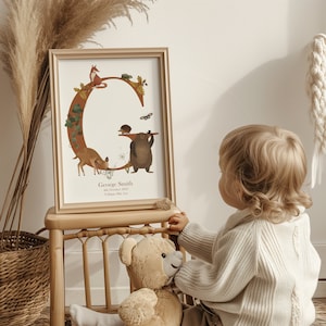 Impresión personalizada con nombre inicial de bosque / Impresión para habitación infantil / Decoración de habitación infantil con temática de bosque / Arte mural para habitación infantil / Decoración de pared para dormitorio infantil