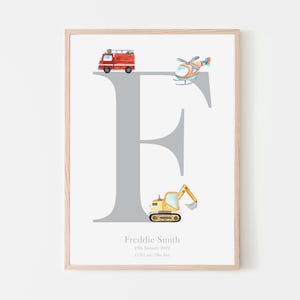 Personalised Transport Initial Nursery Print, Children's Wall Art