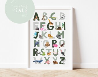 UK only, SECONDS SALE, Green alphabet print, Animal alphabet print,  Nursery decor, Nursery wall art, kids room decor